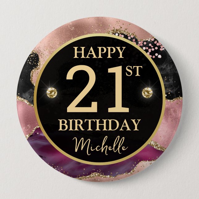 Pink Gold Agate Glitter Birthday Badge (Front)