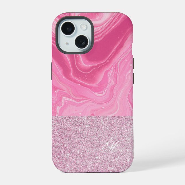 Pink Gold Agate Glitter Monogram iPhone 15 Case (Back)