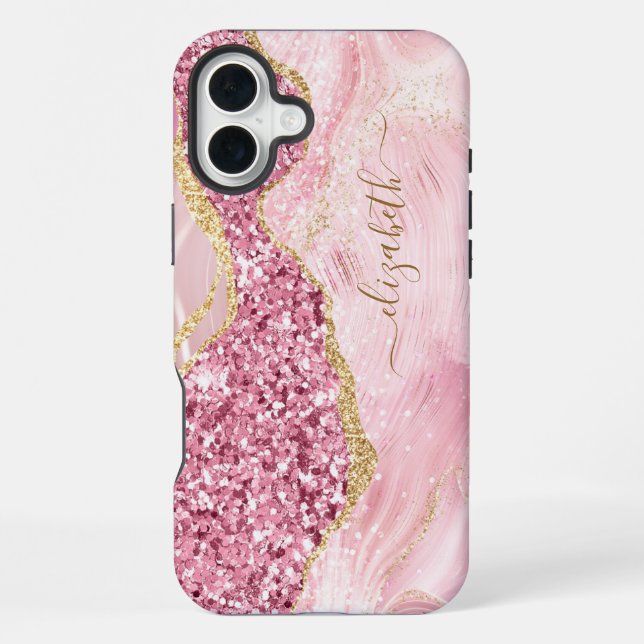 Pink Gold Agate Marble Name Script iPhone Case (Back)