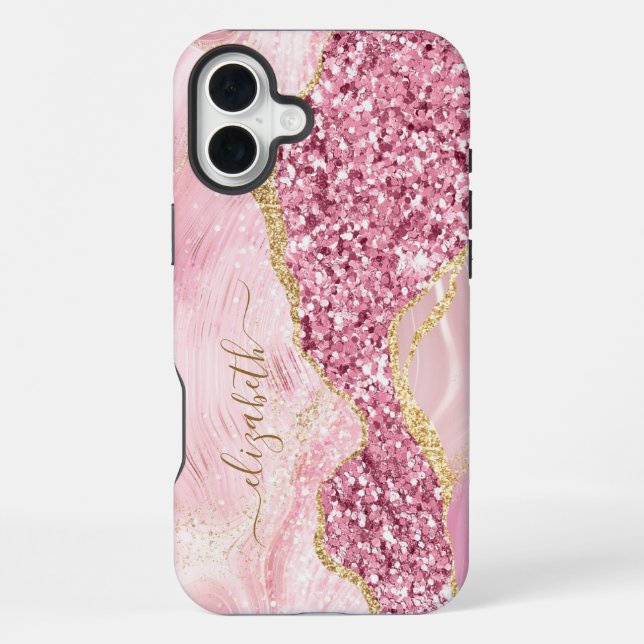 Pink Gold Agate Marble Name Script iPhone Case (Back)