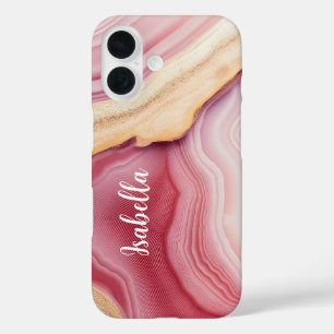 Pink Gold Agate Modern Chic Name iPhone 16 Case