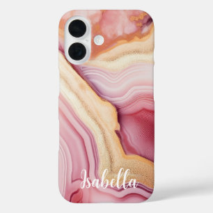 Pink Gold Agate Modern Stylish Name iPhone 16 Case