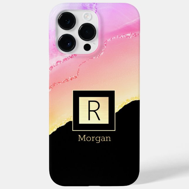 Pink & Gold Agate Name & Monogram Black & Gold Box Case-Mate iPhone Case (Back)