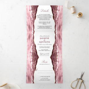 Pink & Gold Agate on White Wedding Tri-Fold Invitation