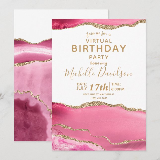 Pink & Gold Agate Virtual Birthday  Invitation (Front/Back)