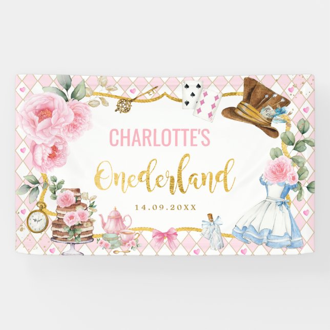 Pink Gold Alice in Onederland 1st Birthday Party Banner (Horizontal)