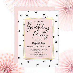 Pink Gold and Black Confetti Dots Birthday Party Invitation