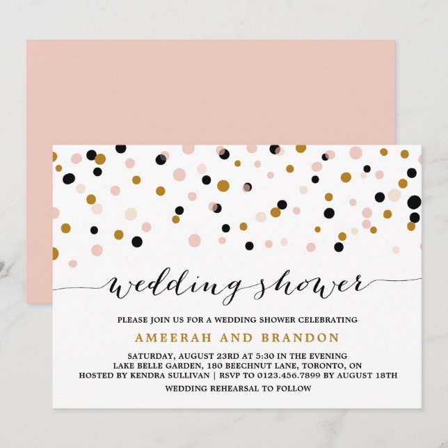Pink, Gold and Black Confetti Dots Wedding Shower Invitation (Front/Back)