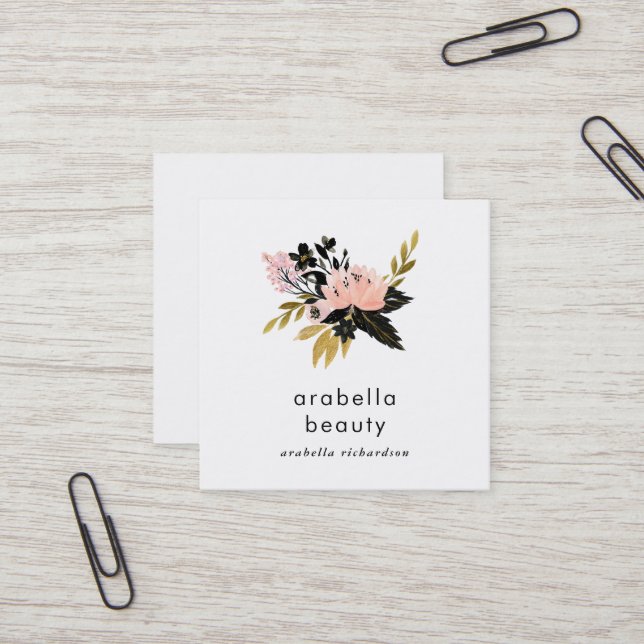Pink Gold and Black Floral | Social Media Icons Square Business Card (Front/Back In Situ)