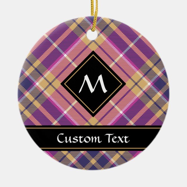Pink, Gold and Blue Tartan Ceramic Ornament (Front)