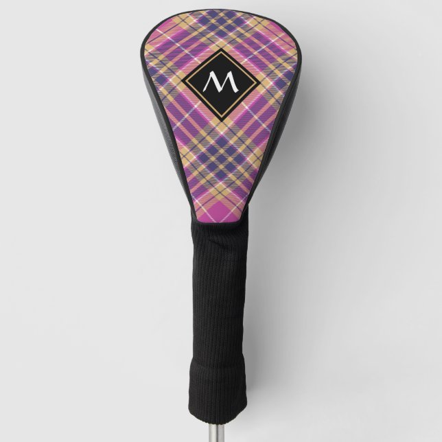 Pink, Gold and Blue Tartan Golf Head Cover (Front)