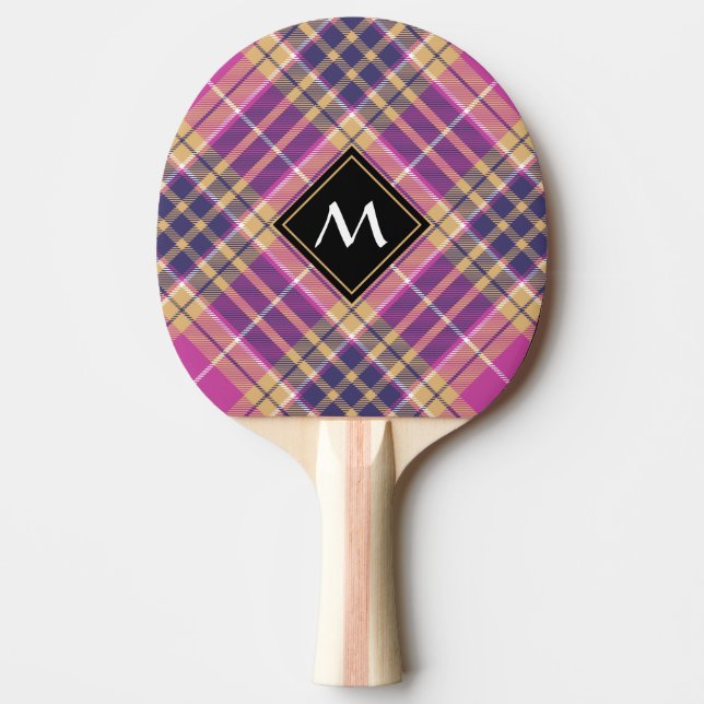 Pink, Gold and Blue Tartan Ping Pong Paddle (Front)