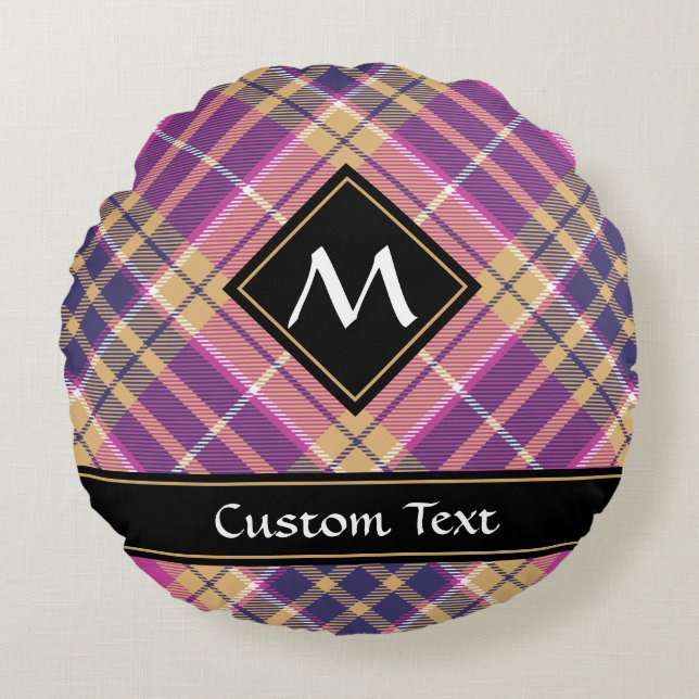Pink, Gold and Blue Tartan Round Cushion (Front)