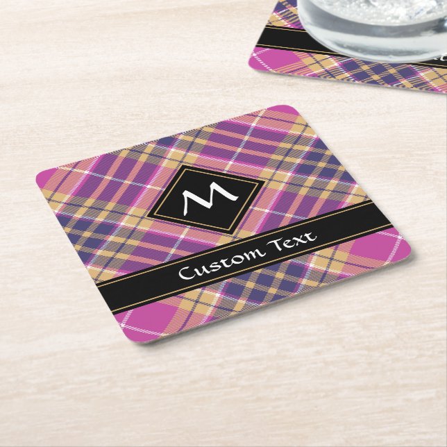 Pink, Gold and Blue Tartan Square Paper Coaster (Angled)