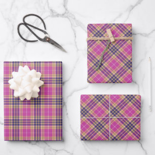 Pink, Gold and Blue Tartan Wrapping Paper Sheet