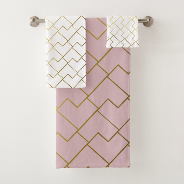 Pink Gold And White Geometric Pattern Bath Towel Set (Insitu)