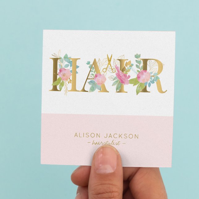Pink gold and white hair salon glam hair stylist square business card (Creator Uploaded)
