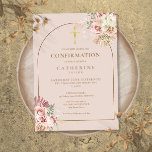 Pink Gold Arch Pampas Grass Floral Confirmation Invitation