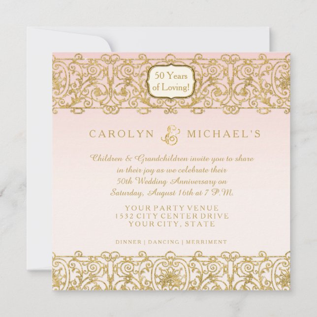 Pink Gold Art Deco Nouveau 50th Anniversary Party Invitation (Back)