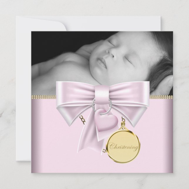 Pink Gold Baby Girl Photo Christening Invitation (Front)