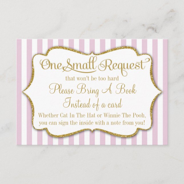 Pink Gold Baby Shower Book Card Bring A Book Girl (Front)