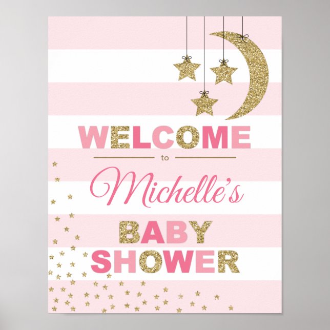 pink gold baby shower decor welcome sign moon star (Front)