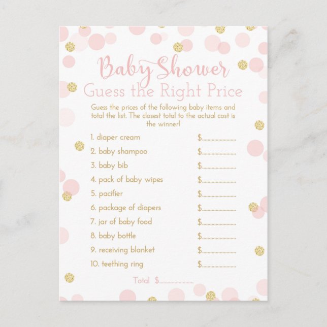 Pink & Gold Baby Shower Guess the Price Game Card (Front)