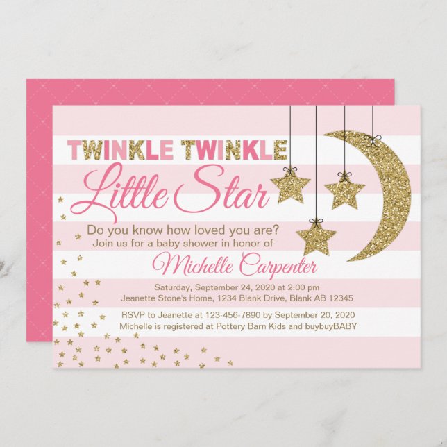 Pink Gold baby shower invitation girl little star (Front/Back)