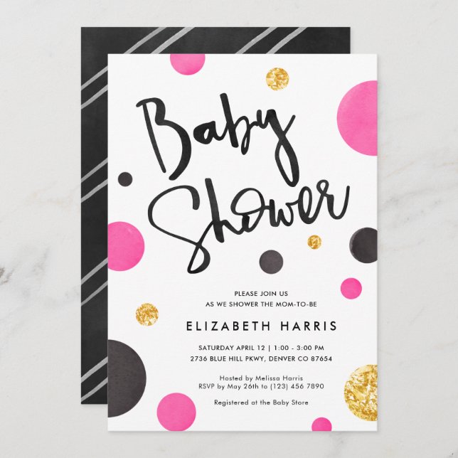 Pink & Gold Baby Shower Invitations - Polka Dots (Front/Back)