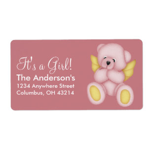 Pink & Gold Baby Teddy Bear Angel Address Labels