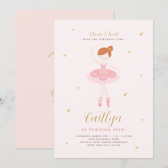 Pink & Gold Ballerina Birthday Invitation (Front/Back)