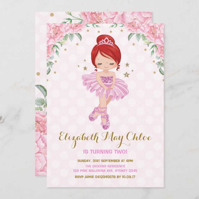 Pink Gold Ballerina Birthday Invite Princess Party (Front/Back)