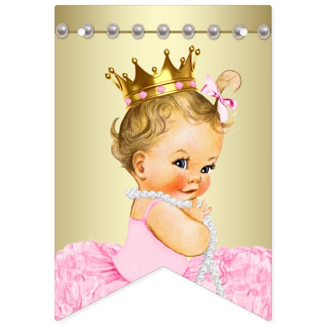 Pink Gold Ballerina Tutu Pearls Girl Baby Shower Bunting (First Flag)