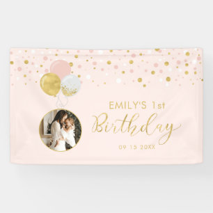 Pink & Gold Balloon 1st Birthday Photo Banner