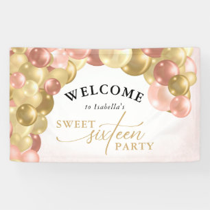 Pink & Gold Balloon Arch Sweet 16 Party Welcome Banner