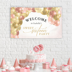 Pink & Gold Balloon Arch Sweet 16 Party Welcome Banner