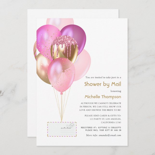Pink & Gold Balloon Baby or Bridal Shower by Mail Invitation (Front/Back)