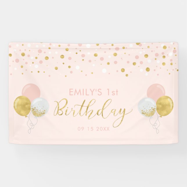 Pink & Gold Balloon Girl 1st Birthday Banner (Horizontal)