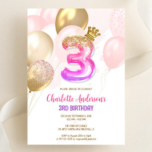 Pink Gold Balloon Girl 3rd Birthday Invitation