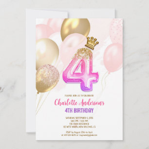 Pink Gold Balloon Girl 4th Birthday Invitation