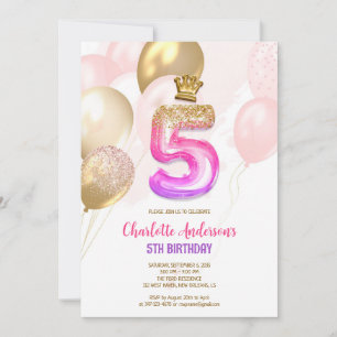 Pink Gold Balloon Girl 5th Birthday Invitation