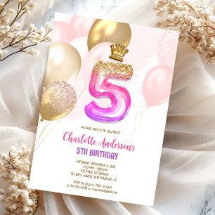 Pink Gold Balloon Girl 5th Birthday Invitation