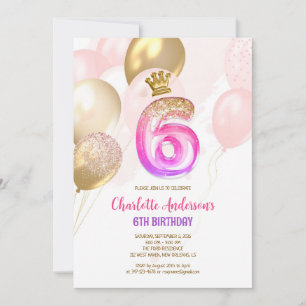 Pink Gold Balloon Girl 6th Birthday Invitation