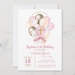 Pink Gold Balloon Girl Baptism Birthday Bow tie Invitation