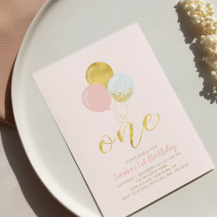 Pink & Gold Balloons 1st Girl Birthday Party Invitation