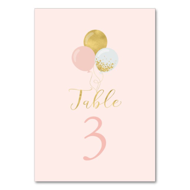 Pink & Gold Balloons 1st Girl Birthday Party Table Number (Front)