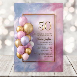 Pink Gold Balloons 50th Birthday Party Invitation