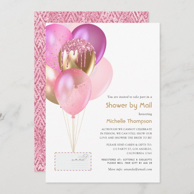 Pink & Gold Balloons Baby or Bridal Shower by Mail Invitation (Front/Back)