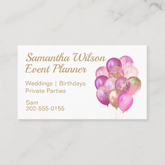 Pink Gold Balloons Business Card (Front)