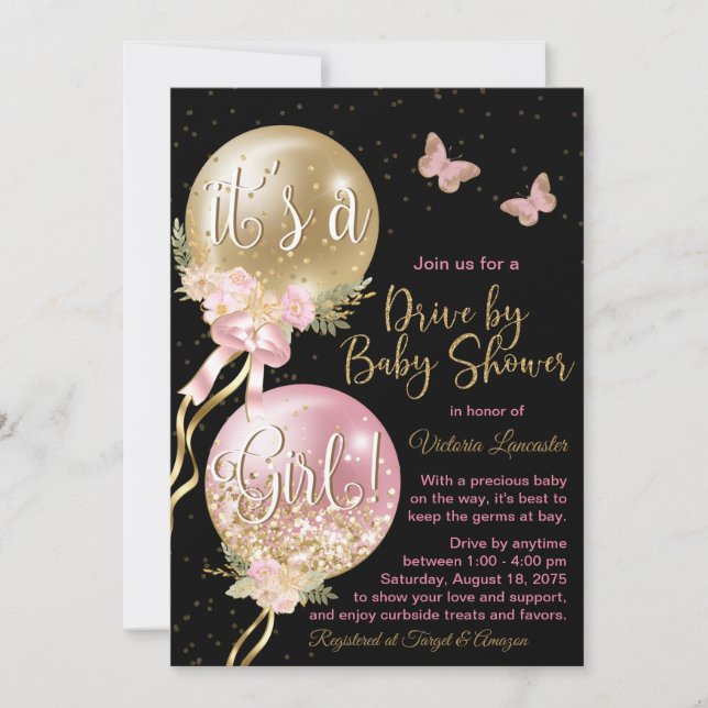 Pink Gold Balloons Butterflies Covid Baby Shower Invitation (Front)